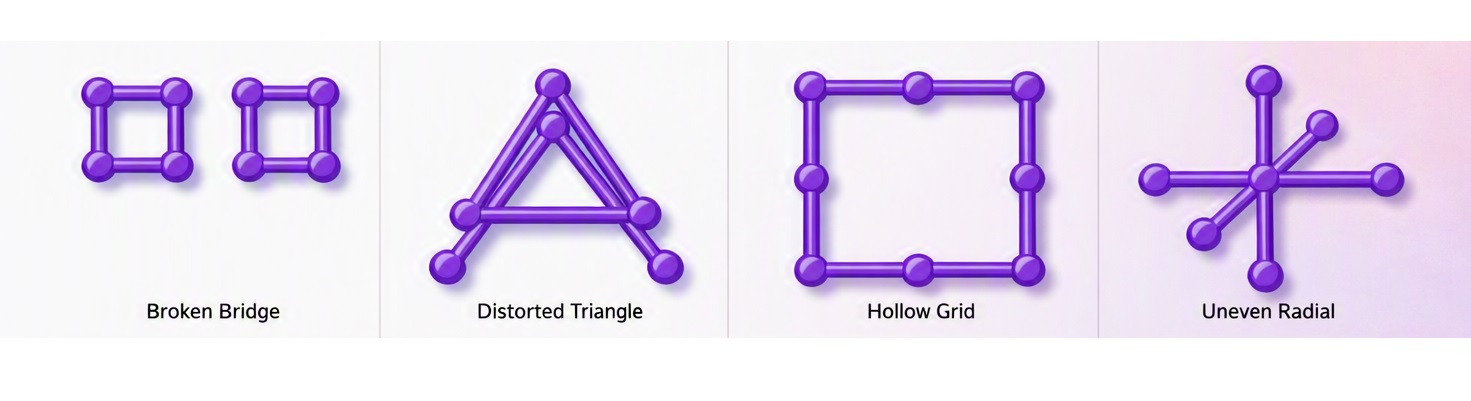 Mid-Stage Organizational Fragmentation: Broken Bridge, Distorted Triangle, Hollow Grid and Uneven Radial
